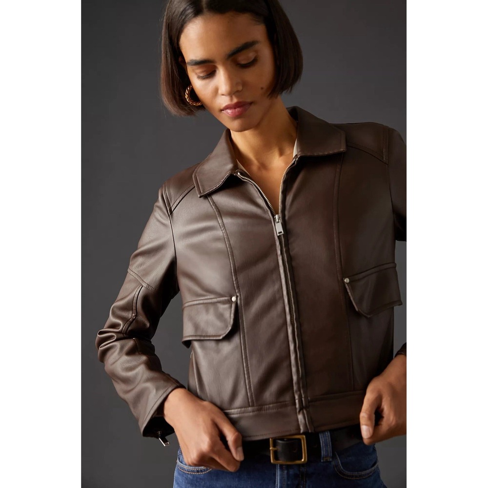 Pilcro Anthropologie Rumi Shrunken Faux Leather Trucker Jacket XS Brown
